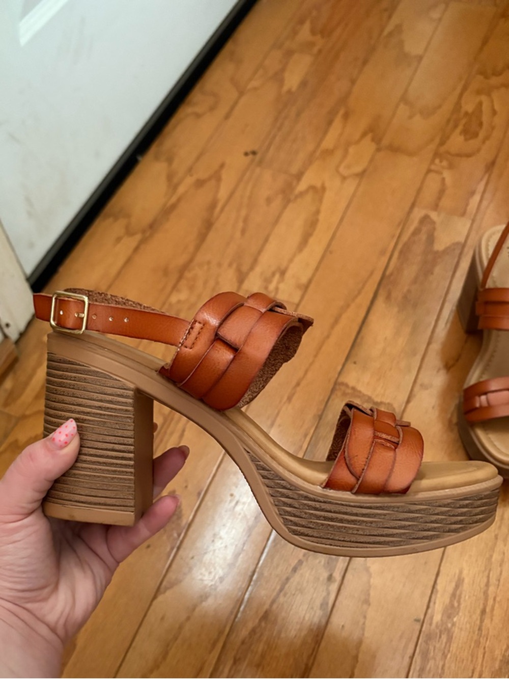 Womens Tan Platform Heeled Sandals - Leather Strappy Block Heel